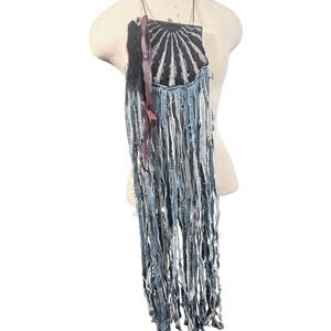 MAME Bespoke Reworked Vintage Beaded Crossbody Bag w Denim Fringe & Mink Tail